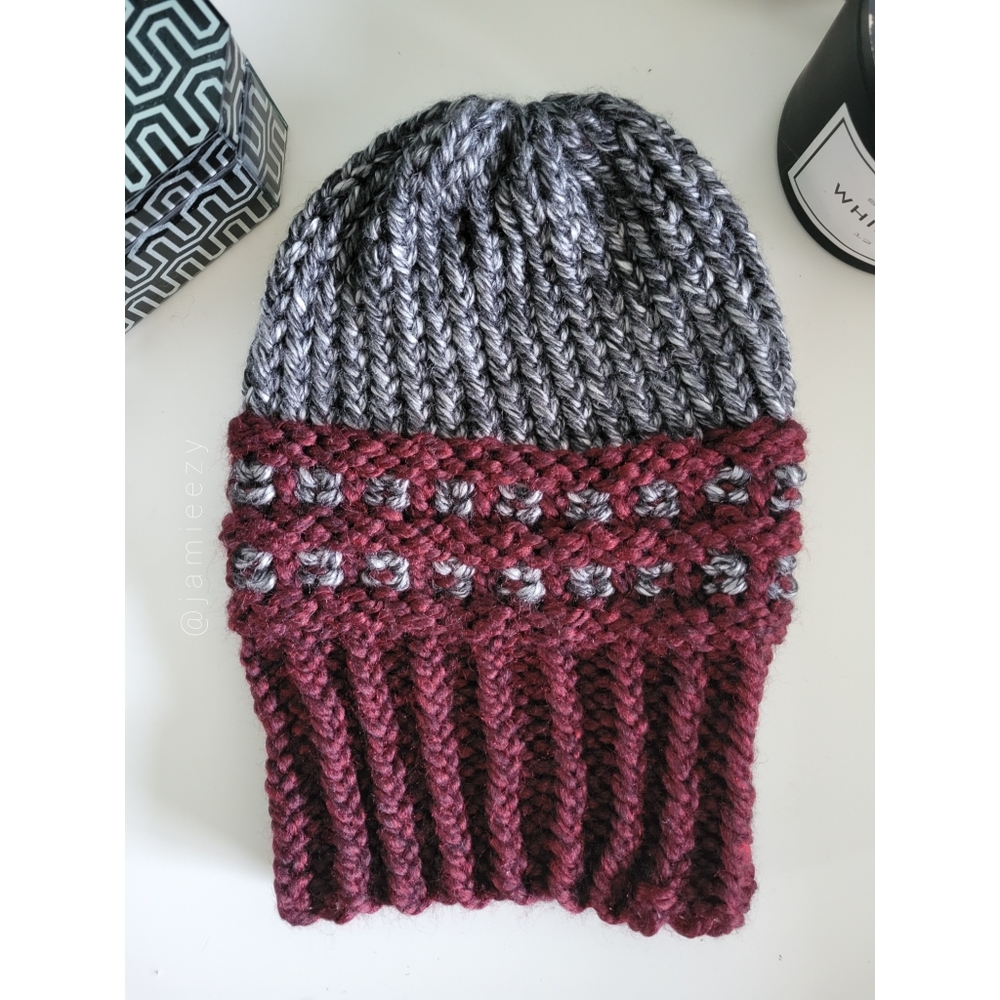 Two-Tone Waffle-Base Knit Beanie - Charcoal/Burgundy (Handmade) - Picture 5 of 12
